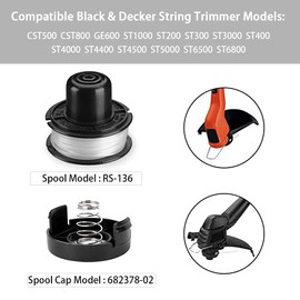 RS-136 String Trimmer Spool Line 20ft 0.065" for Black + Decker ST1000 ST4000 ST4500 GE600 CST800 ST6800,8-Pack (6-Line Spool + 1 Cap+1 Spring)