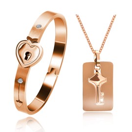 Uloveido Matching Bracelet with Necklace for Girlfriend Boyfriend, Rose Gold Plated Titanium Puzzle Couple Heart Bracelet and Key Pendant Necklace for Men and Women SN300 (Rose gold color)