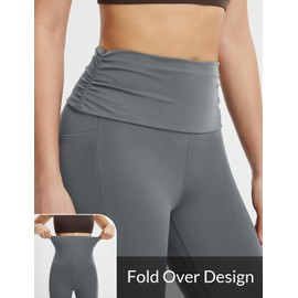 baleaf Womens Flare Yoga Pants Fold Over Flared Leggings with Pockets Tummy Control Bootcut Pants Dark Grey S