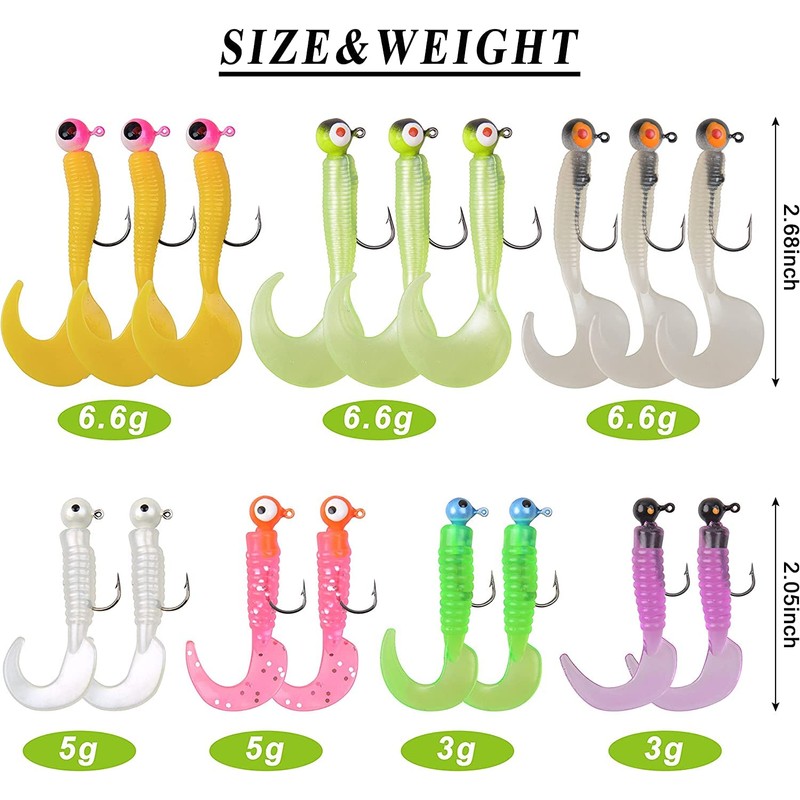 Fishing Jig Head Hooks Soft Grub Plastic Lures Bait, 17pcs