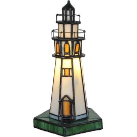 Bieye L10221 Lighthouse 10 inch Tiffany Style Stained Glass Accent Table Lamp, Night Light