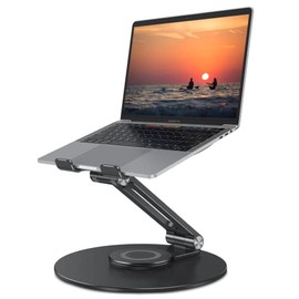 Adjustable Laptop Stand with 360 Rotating Base, OMOTON Ergonomic Laptop Riser for Collaborative Work, Dual Rotary Shaft Fully Foldable for Easy Storage, Fits All Laptops up to 16 inches, Black