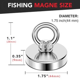 DIYMAG Strong Neodymium Fishing Magnets, 200 Lbs(91 KG) Pulling Force Rare Earth Magnet with Countersunk Hole Eyebolt Diameter 1.73 inch(44 mm) for Retrieving in River and Magnetic