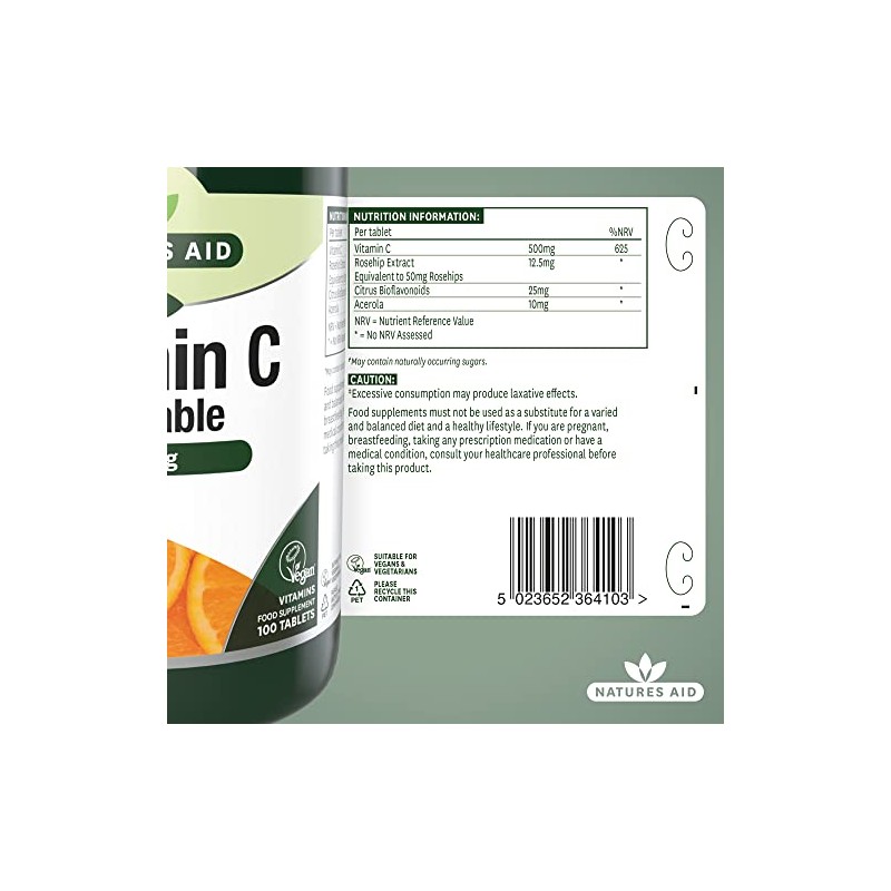 Natures Aid Chewable Vitamin C 500 mg, Sugar Free, Suitable