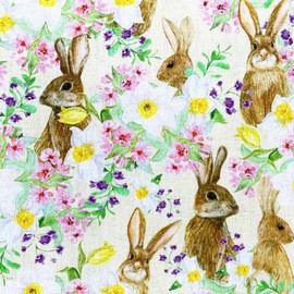 100% Cotton Fabric - Spring Flowers & Hare Print on Yellow - Fabric Craft Material Metre