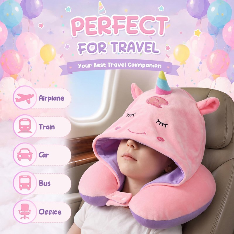 Amyhill Unicorn Kids Travel Neck Pillow, Airplane Pillow Hooded,Reversible