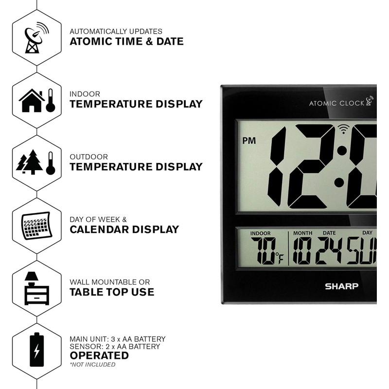 Sharp Atomic Clock – Never Needs Setting, Jumbo 3” Easy-Read