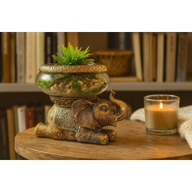 Good Luck Elephant Glass Bowl – Gold Antiqued Decorative Figurine with Removable Glass Bowl – Terrarium, Candle Holder, or Tabletop Aquarium – Polyresin Home Décor with Gift Box