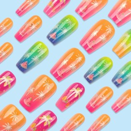 24PCS Summer Press on Nails Medium Square Fake Nails Gradient False Nails with Coconut Tree Watermelon Design Acrylic Nails Glossy Stick on Nails Glue on Nails for Women Beach Vacation Nails