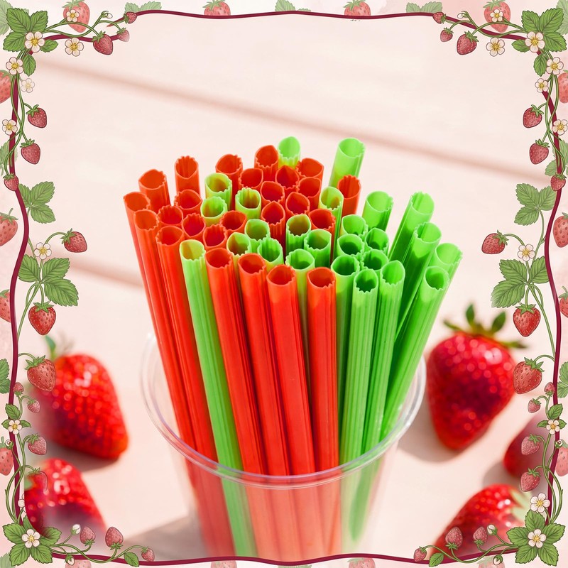100 Pcs Strawberry Shape Plastic Straw Sweet Fruit Theme Disposable