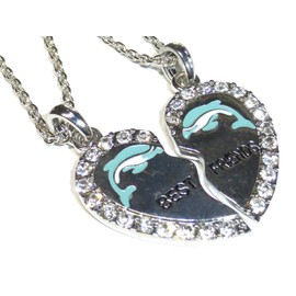 NEW BEST FRIEND Dolphin Heart Silver Tone 2 Pendants 2 Necklace BFF Friendship