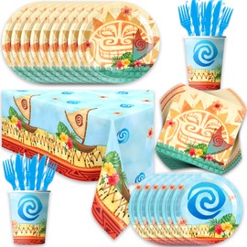 141Pack Moana Party Decoraion Party Tableware Plates + Napkin Tablecloth,Forks,Spoon,Kinfe For Moana Birthday Decorations
