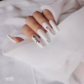 DCYFZJ Long coffins fake nails fake diamond ballerina fake nails white shiny smooth press on fake nails 24PCS fake nails