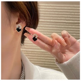 Inilbran Boho Crystal Square Earrings Vintage Rhinestone Onyx Square Stud Earrings Gold Crystal CZ Square Earrings Geometric Black Enamel Earrings Jewellery for Women and Girls, Crystal