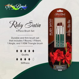 Silver Brush Limited RSS-2540S Ruby Satin Expressive Painting Set, Set of 4 Brushes, Round Size 2/0, Triangle Size SXM, Filbert Size 10, and Angular 1/2 Inch