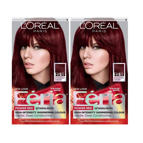 L'Oreal Paris Feria Multi-Faceted Shimmering Permanent Hair Color, R48 Intense Deep Auburn, Pack of 2, Hair Dye