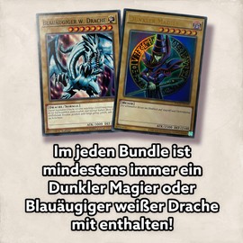 Yu-Gi-Oh! Card Set with 100 Cards (85 Commons - 10 Rares - 5 Holos) - Guaranteed Dark Magician or Blue-Eyed with Dragon + 1 Booster + 100 Heartforcards® Sleeves
