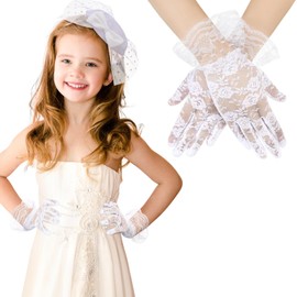 JenPen 2 Pcs Fascinator Hat for Girls Funeral Veil Hat Kids 50s Fascinator Black White Lace Hat and Gloves for Tea Party(White)