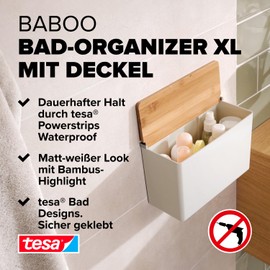 tesa® Baboo XL Bathroom Organiser with Bamboo Lid, Matt White, Bathroom Storage Box for Wall Mounting No Drilling, Includes Powerstrips Waterproof Strips XL, 242 mm x 160 mm x 102 mm
