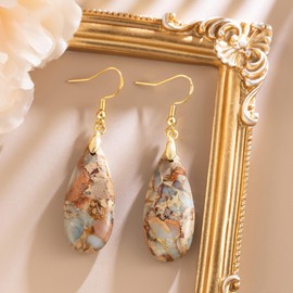 HAISWET Brown Stone Drop Earrings for Women Teardrop Created Imperial Jasper Dangle Drop Earrings