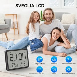 Lancoon Igrometro Termometro Digitale, Piccola Sveglia LCD con Temperatura Umidità Multifunzionale 12/24 Ore ℃/℉ Supporto Batteria per Casa Studenti Ufficio Nero