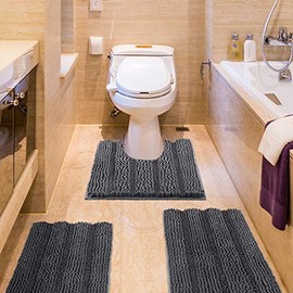 IM Home Striped Grey Bathroom Rug Set 3 Pieces Gray Extra Soft, Non Slip Chenille Bath Rugs Machine Washable, Absorbent Plush Shaggy Bath Mats for Bathroom, Bedroom, Tub, Toilet, Shower