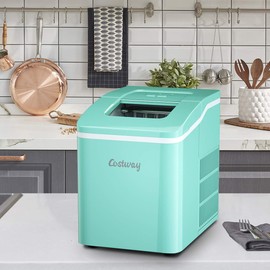 COSTWAY Countertop Ice Maker, 26Lbs/24H Portable Ice Machine with Self-Cleaning Function, Bullet Ice Cubes Ready in 8 Mins, Scoop and Removable Basket,Ice Maker for Home Party Bar, Green