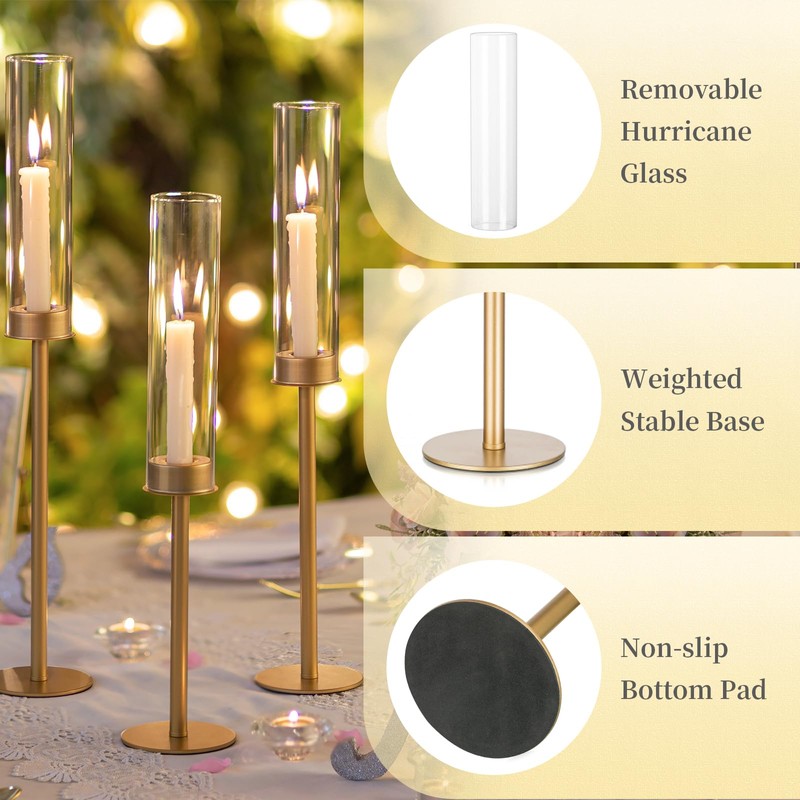 Hewory Gold Tall Hurricane Candlestick Holders: 6Pcs Brass Taper Candle