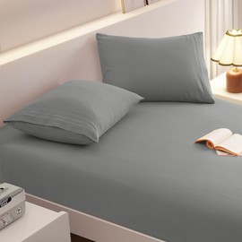 vveiiye Full Fitted Sheet with 2 Pillowcase Soft Microfiber Sheet Set 16" Deep Pocket Bed Sheets, Wrinkle Free and Easy Care Bottom Sheet for Full Size Bed, Light Grey