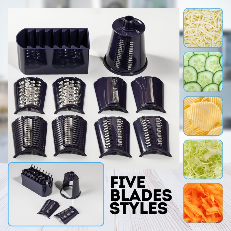 5-in-1 Rotary Cheese Grater with Handle – Stainless Steel Blades,