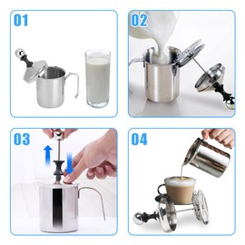 Manual Milk Frother, Hand Pump Frother Manual Milk Creamer Stainless Steel Coffee Frothing Foam Maker Pitchers Steamer Cup with Double Filter Foamer for Cappuccino Chocolate Macchiato Home Office