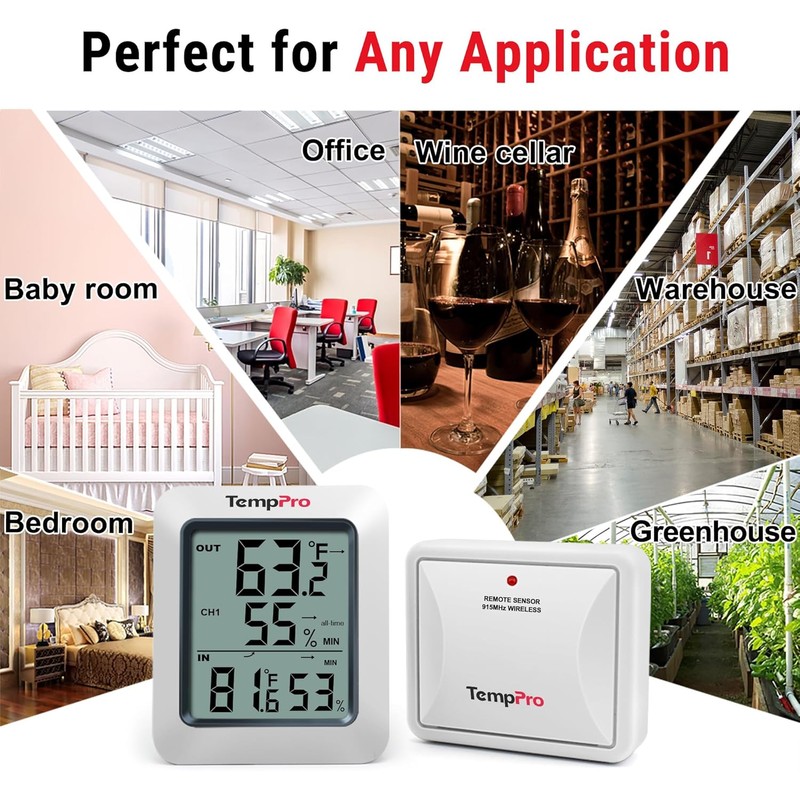TempPro TP60-2 Digital Hygrometer Indoor Outdoor Thermometer Wireless Temperature and