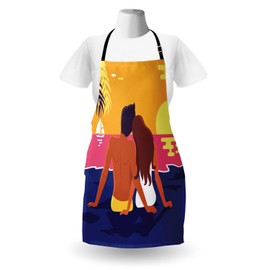 Ambesonne Graphic Beach Apron, Romantic Couple Sits on Coast and Watches Sunset Horizon in Abstract Colors, Unisex Kitchen Bib with Adjustable Neck for Cooking Gardening, Adult Size, Multicolor