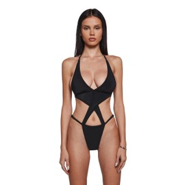 Dolls Kill Halter Monokini by Generation Kiss – Women's Criss Cross Strappy One-Piece Swimsuit with Halter Neck & Adjustable Tie Closures – Black, Medium