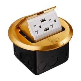 TORCHSTAR Pop-Up Floor Outlet Box, 2AC Receptacles & 2 USB Chargers, 20 Amp Waterproof Electrical Outlet, Max 2400W, UL Listed, Brass Cover