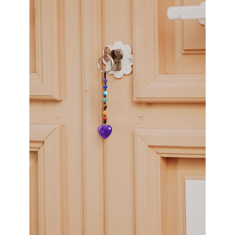 CrystalTears Heart Keyring 7 Chakra Beads Pendant Key Ring Gemstone