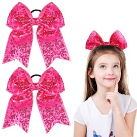 WILLBOND 2 Packs Jumbo Cheerleading Bow 8 Inch Large Cheer Hair Bows with Ponytail Holder for Teen Girls Softball Outfit Uniform(Sequin Hot Pink)