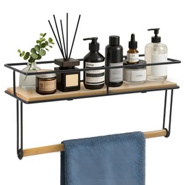 SDZOREN Hand Towel Holder with Wooden Shelf – Wall-Mounted Bathroom Towel Rack & Hanger - Space-Saving Bath Accessories, Modern Rustic Organizer for Bathroom, Kitchen, Toilet - Matte Black