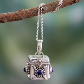 NOVICA Artisan Handmade Lapis Lazuli Locket Necklace Fair Trade Sterling Silver Blue Pendant India Birthstone [18 in L 1 mm W Pendant(s) 1.1 in L x 0.7 in W x 0.5 in D] ' Royal Prayer'