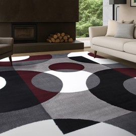 Rugshop Burgundy Geometric Area Rug, Contemporary Circle Design, Non-Shedding, Easy-Care Style for Living Room, Bedroom and Home Office, 5'3" x 7'3"