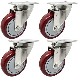 ICON CASTER WHEELS 4" x 1.25" PLY Stainless Steel, 4 Swivel Casters, Top Plate 2.38” x 3.63", Maroon, Non-Marking Polyurethane Wheel, Load Capacity 1120 lbs. per Set (4-Pack)