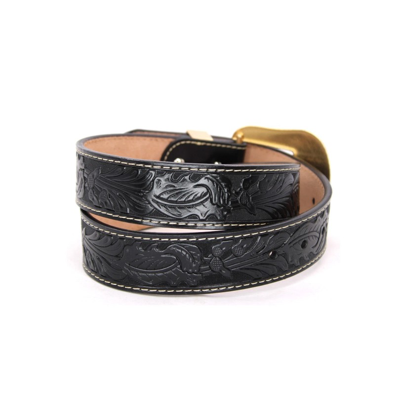 Western BK Belt Genuine Leather Floral Gold Star Horse Buckle