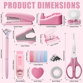 Rosa Bürobedarf, Tischhefter mit Zwei Stifte, Büroartikel Set mit Hefter,Klebebandabroller, Heftklammerentferner, Heftklammern, Clips, Schere und Tabs Geschenke für Frauen für Büro, Schule (Rosa)