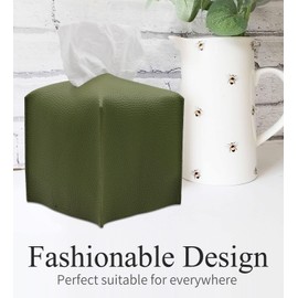 Livelab Tissue Box Cover, Square Decorative PU Leather Tissue Box Holder Modern Tissue Case Facial Paper Organizer Dispenser for Bathroom, Vanity Countertop, Night Stands, Desk 5X5X5'' | Olive Green