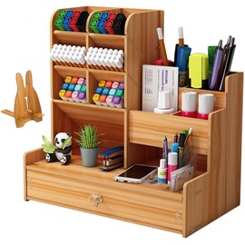 Organizador de Escritorio, Soporte de Lápiz, Organizador de Accesorios de Escritorio, Organizador de Artículos de Arte con Cajón, Adecuado para su uso en oficinas y hogares (Marrón Grande)