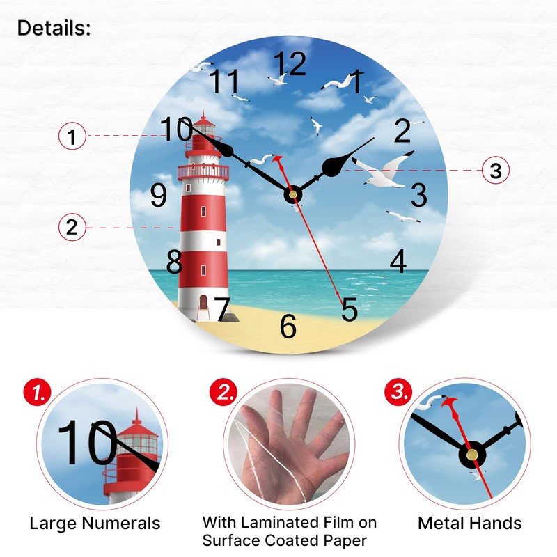 TAHEAT 30 cm Lighthouse Seagull Wall Clock, Sea Sky Pattern