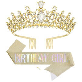Papoopy Birthday Tiara and Crown with Sash for Women, Hair Accessories for Wedding Party Costume (B - Gold)