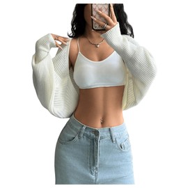 Milumia Women's Open Front Sweater Shrug Lantern Long Sleeve Crop Shoulder Cardigan White