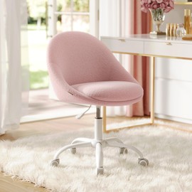 VASAGLE Vanity Chair with Back, Adjustable Swivel Cute Desk Chair with Wheels, Teddy Fleece for Lumbar Support, Compact for Small Spaces, Bedroom, Jelly Pink UOBG020R93