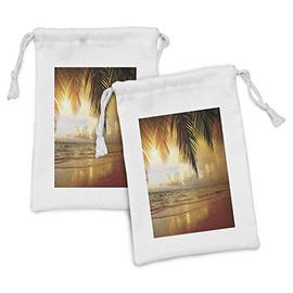 Ambesonne Ocean Fabric Pouch Set of 2, Sunset on the Beach of Caribbean Sea Waves Coast with Palm Tree, Small Drawstring Bag for Toiletries Masks and Favors, 9" x 6", Dark Orange Pale Blue